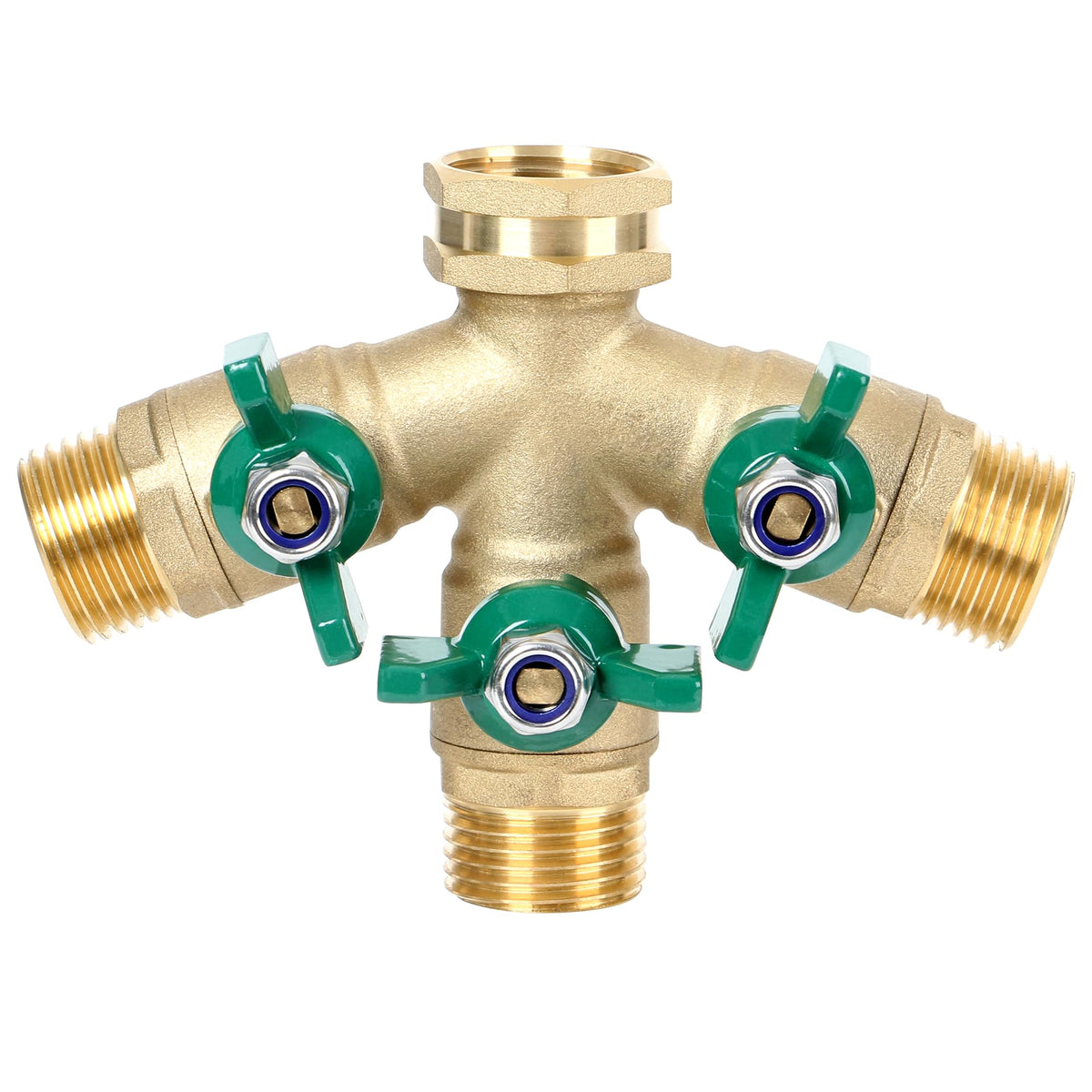 STYDDI Full Flow 3-Way Splitter front view highlights durable brass body for steady water supply.