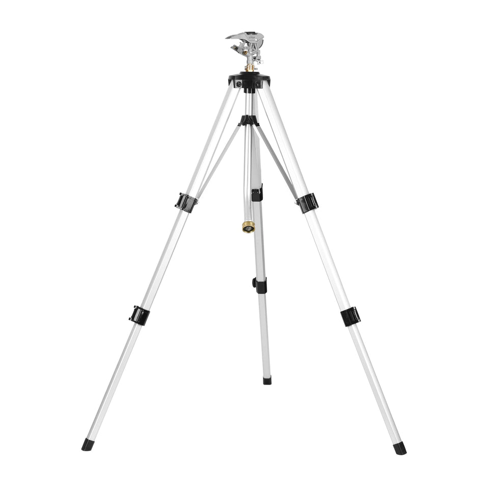 STYDDI heavy-duty tripod sprinkler with tall metal base, ideal for expansive lawns.