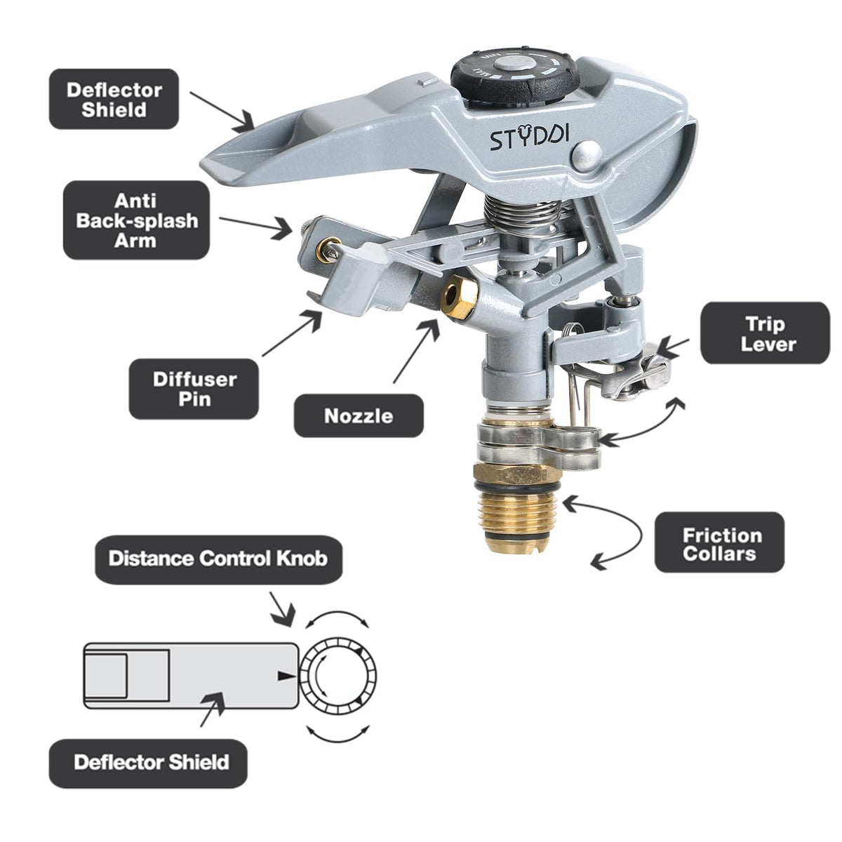 STYDDI sprinkler head distance dial enables precise throw distance control