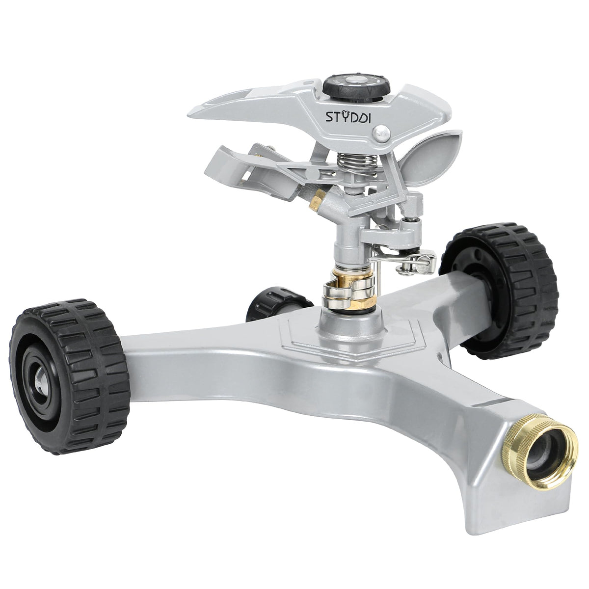 STYDDI metal pulsating sprinkler on wheeled base for stable repositioning in lawns.