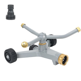 STYDDI metal rotating sprinkler with wheeled base for easy relocation and even watering.