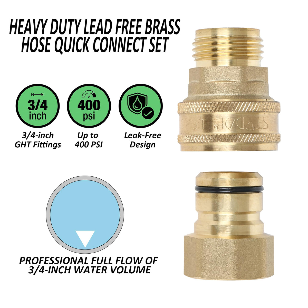 STYDDI three-quarter hose quick-connect fits standard hoses.