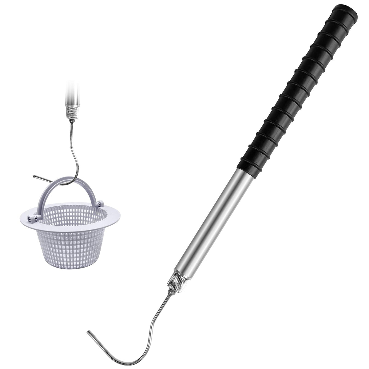 SucculentLovers pool skimmer basket hook with 22-inch reach for easy removal.