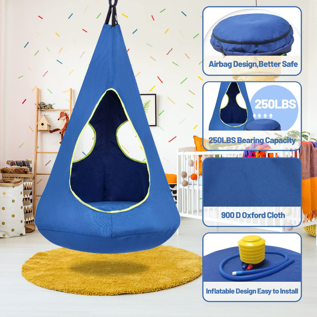 Suchdeco Kids Nest Swing Chair blue interior view, perfect for reading and quiet time.