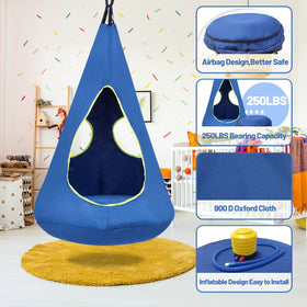 Suchdeco Kids Nest Swing Chair blue interior view, perfect for reading and quiet time.