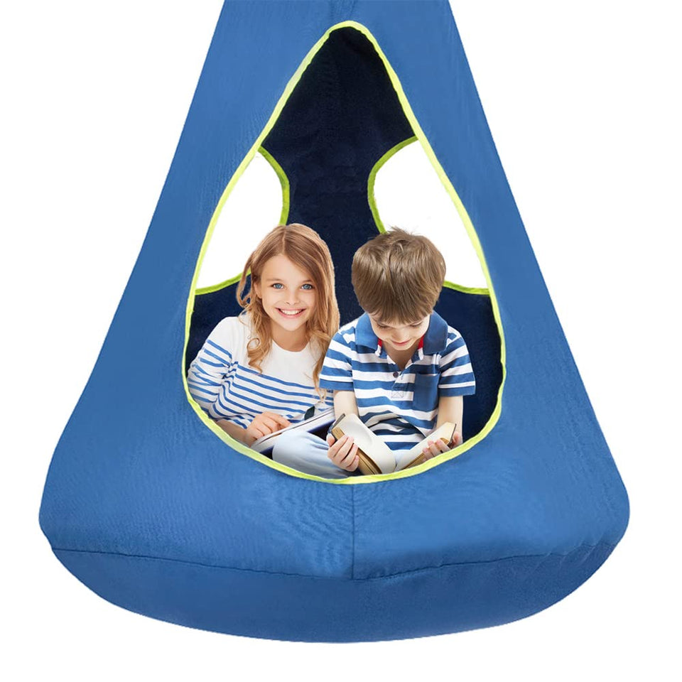 Suchdeco Kids Nest Swing Chair blue outdoor view, a secure private nook for play.