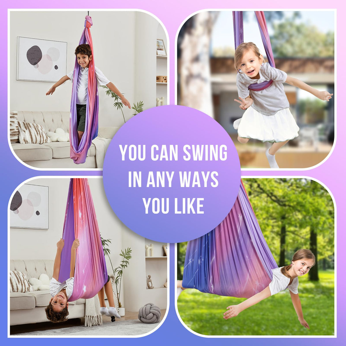 Suchdeco Sensory Swing hug-like cocoon design provides secure, comforting support.