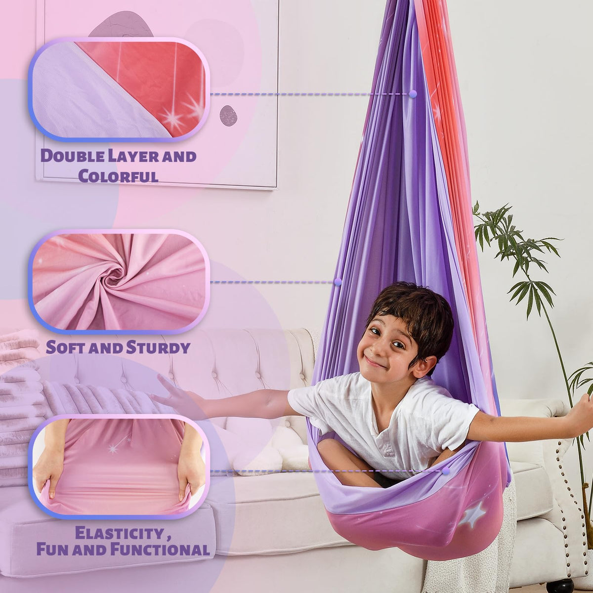 Suchdeco Sensory Swing installed for indoor/outdoor use with easy hanging setup.