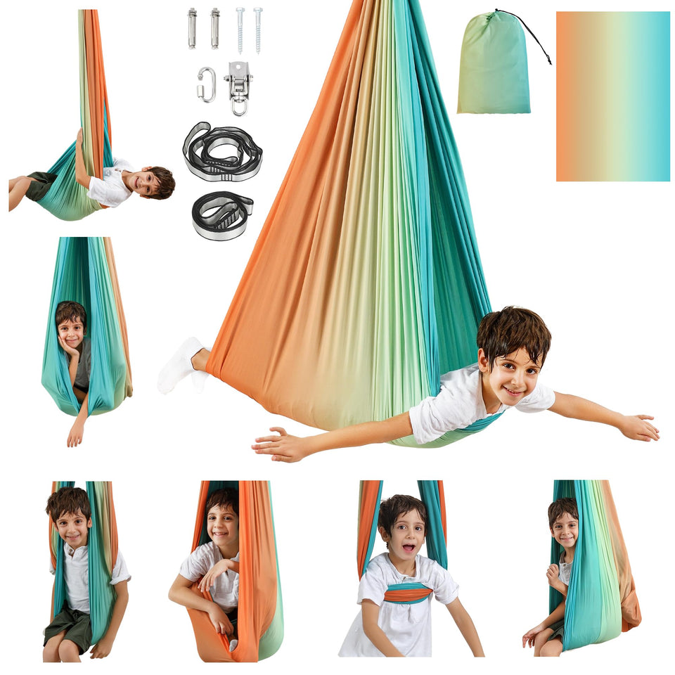 Suchdeco Sensory Swing installed indoors and outdoors for versatile use and calming motion.