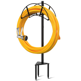S SUCHEK metal garden hose holder stake demonstrates sturdy outdoor base for organized hoses.