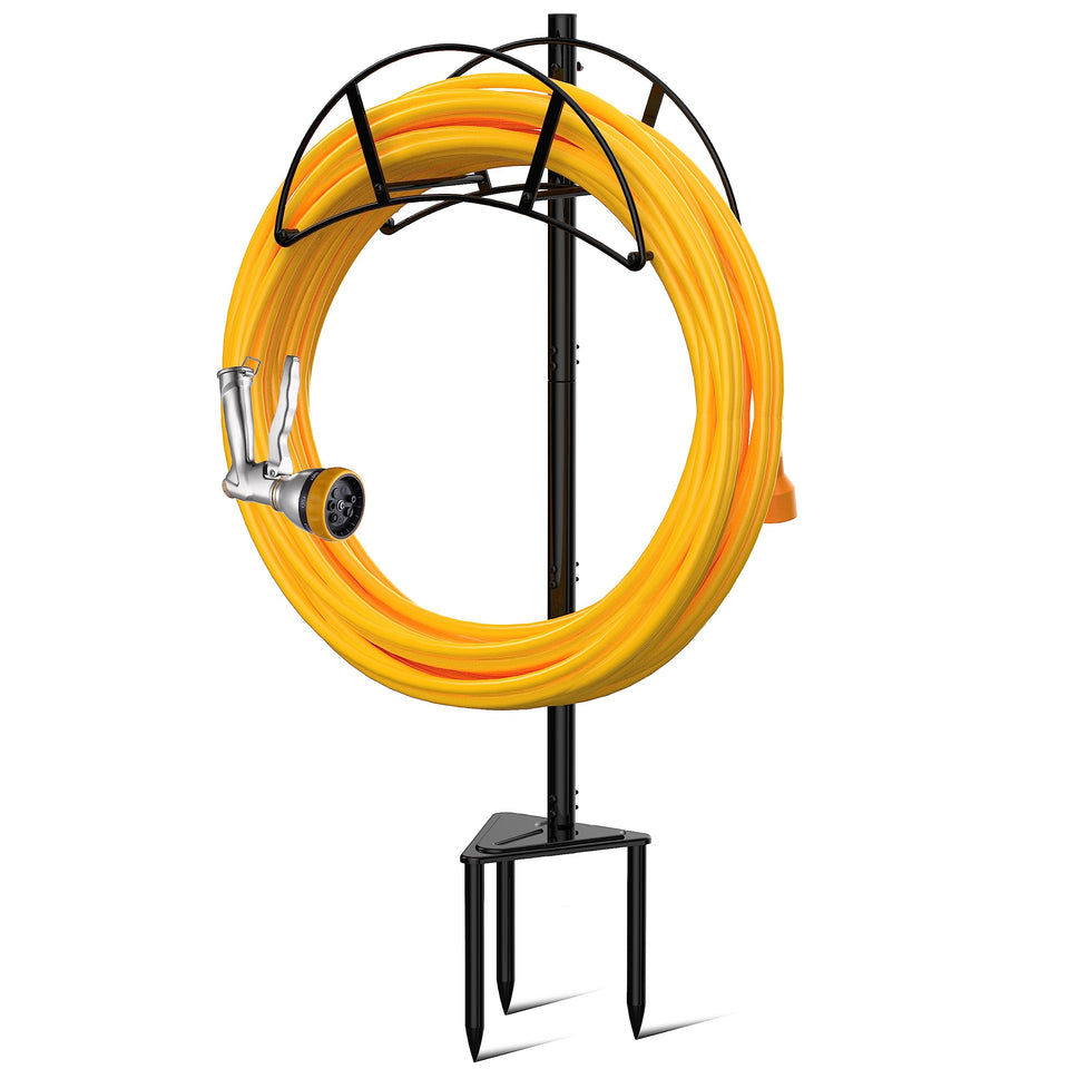 S SUCHEK metal garden hose holder stake demonstrates sturdy outdoor base for organized hoses.