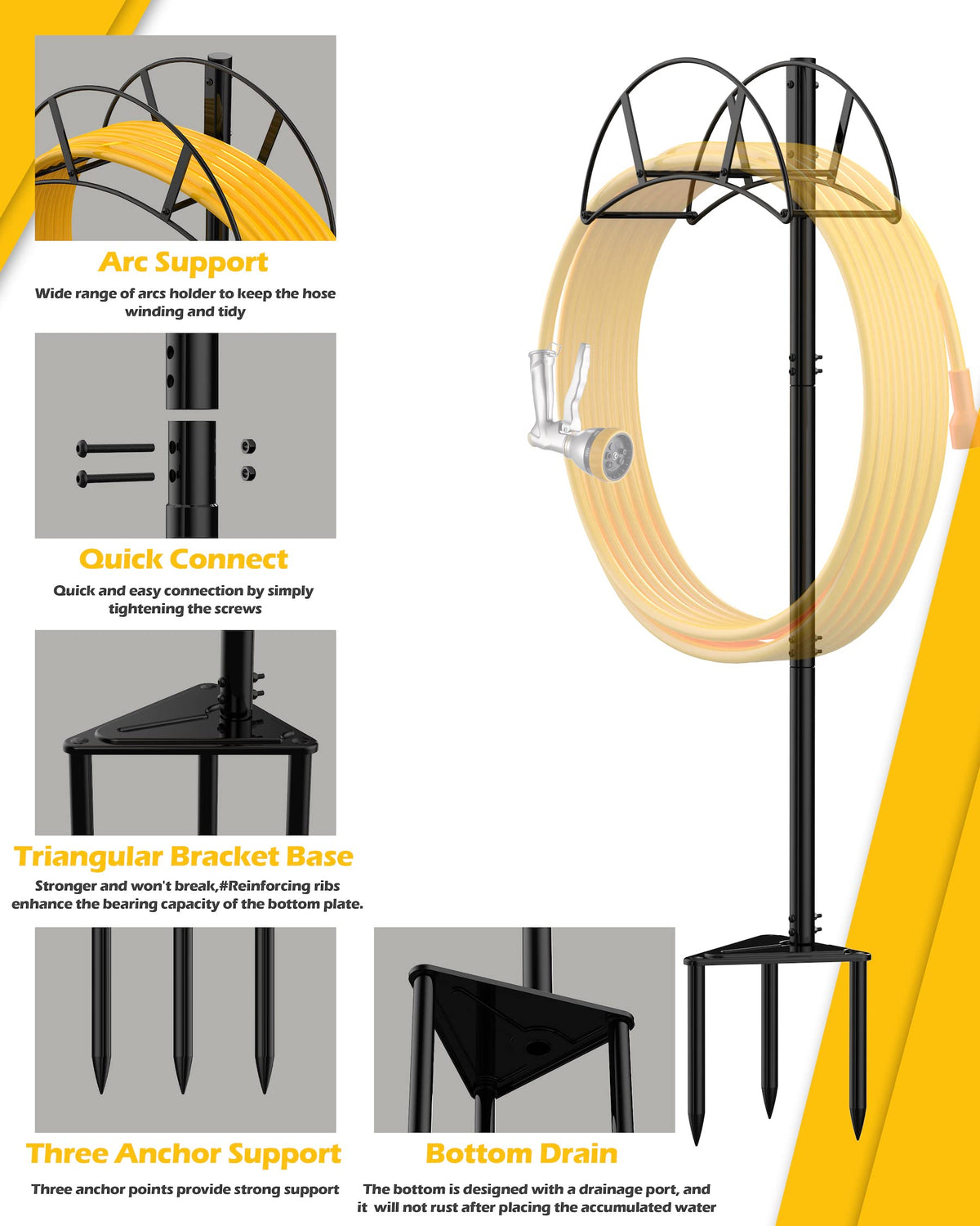 S SUCHEK triangle-base hose rack offers enhanced stability in windy conditions.