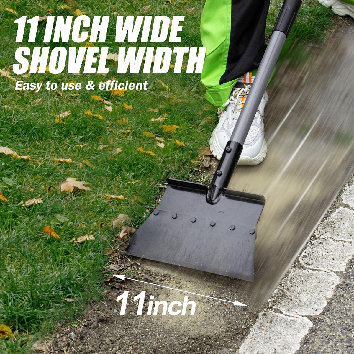 Suchtale Garden Flat Shovel in-use for garden cleanup and edging tasks.