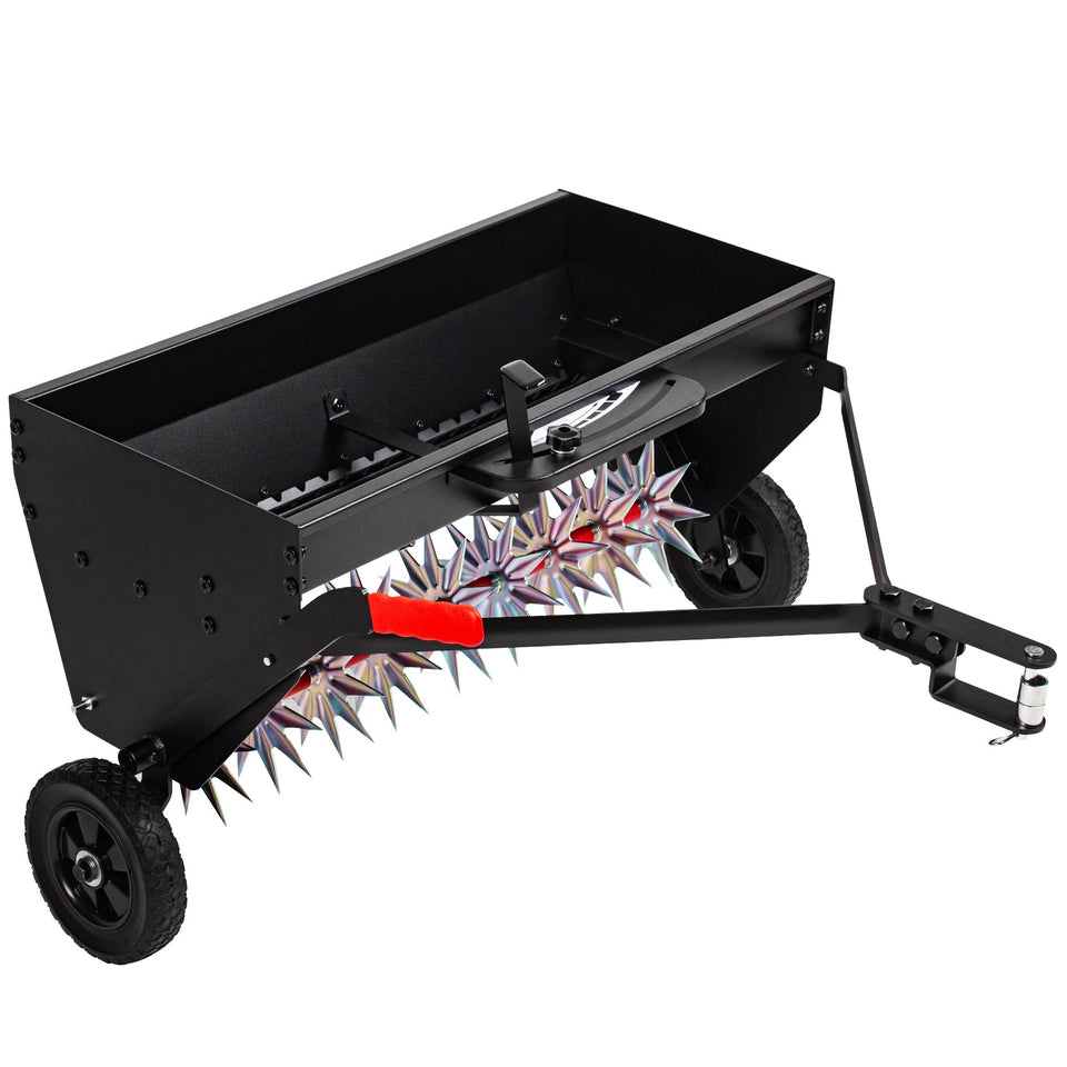 Suchtale Upgrade 40-Inch Tow Behind Spiker Seeder demonstrates broad spread for efficient lawns.