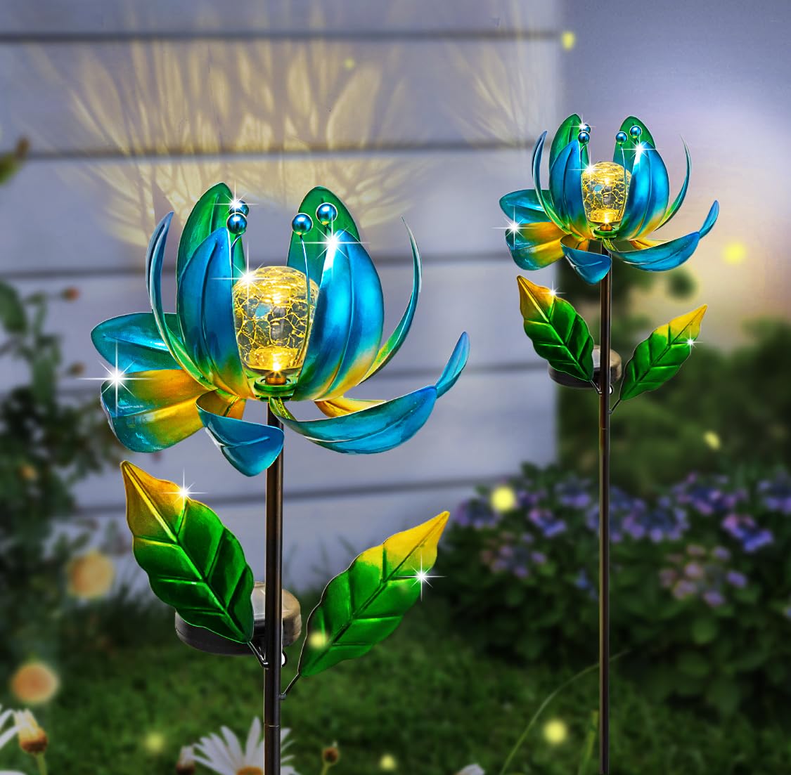 SUCUY lotus garden stake lights provide visible nighttime accents