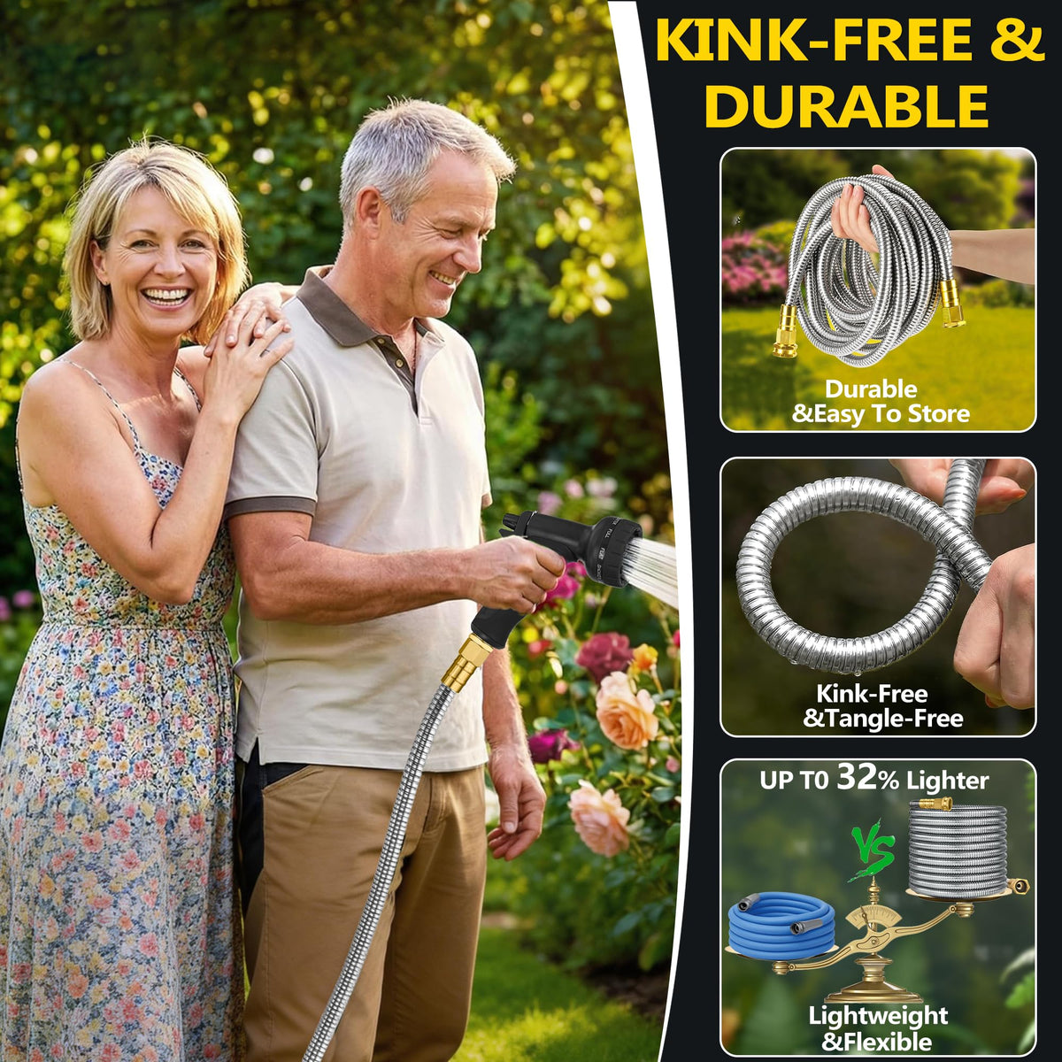 Suewaxxf 50ft hose features a 10-pattern nozzle for versatile watering tasks.