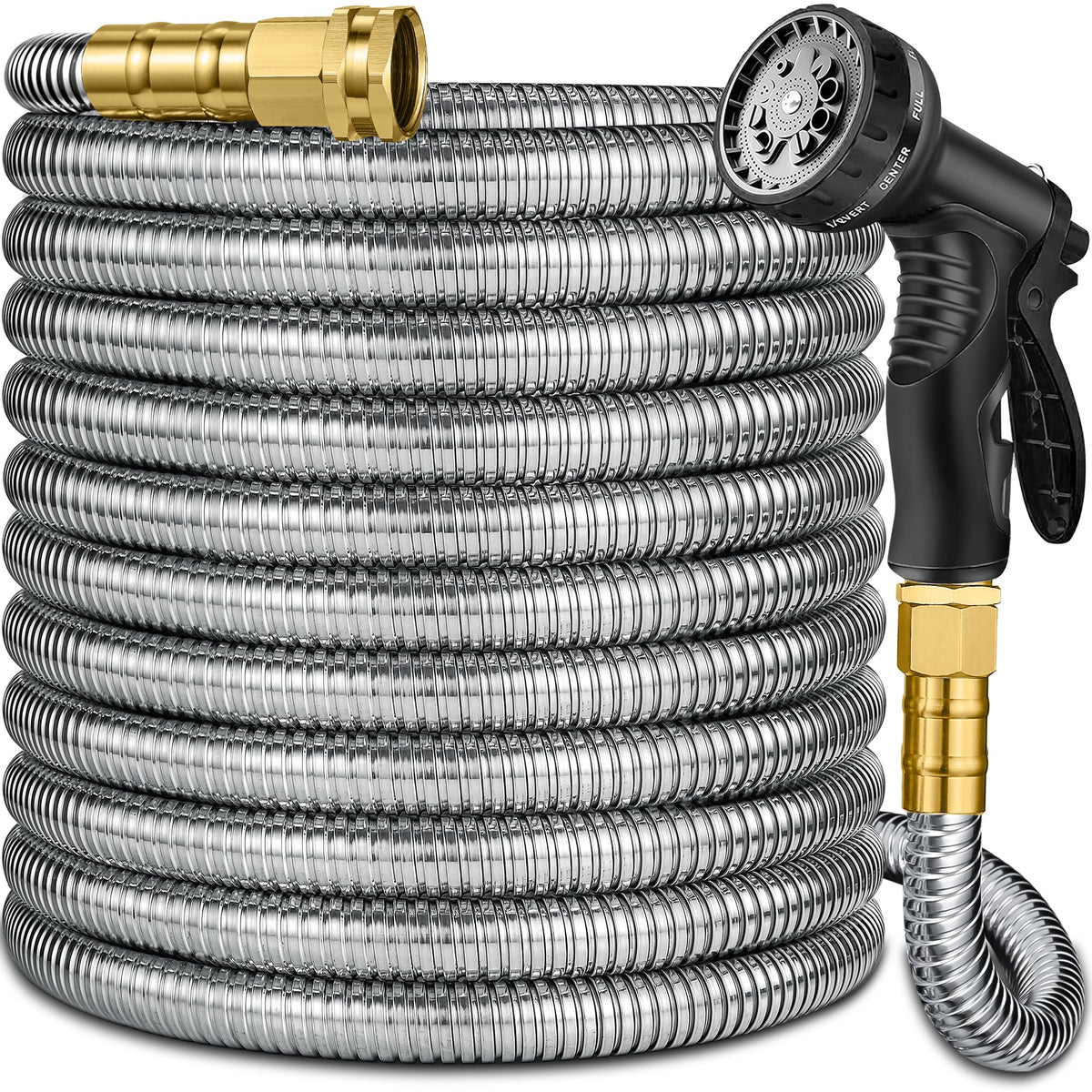Suewaxxf 50ft stainless steel garden hose outer shell promotes longevity for demanding outdoor watering.
