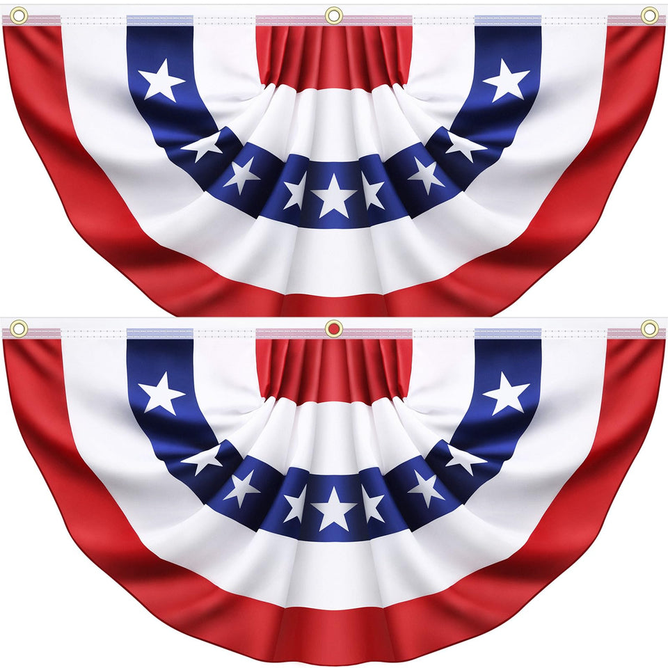 Sufuplay 2-pack flag bunting draped on a porch railing with bold red, white, and blue.