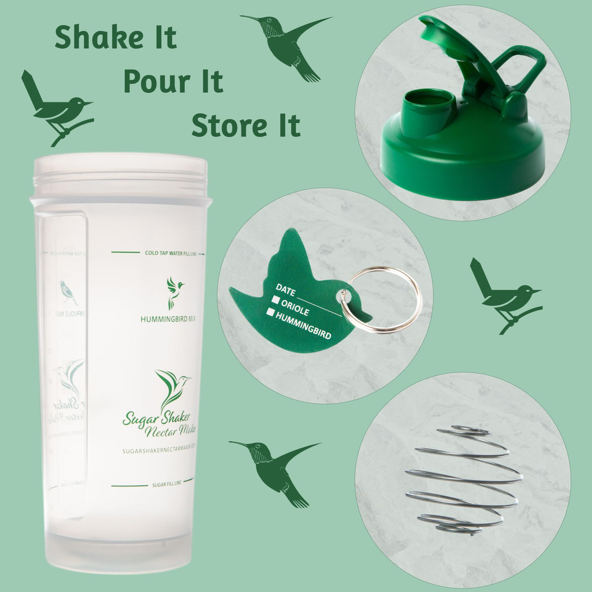 Sugar Shaker Nectar Maker fridge-safe bottle keeps nectar fresh