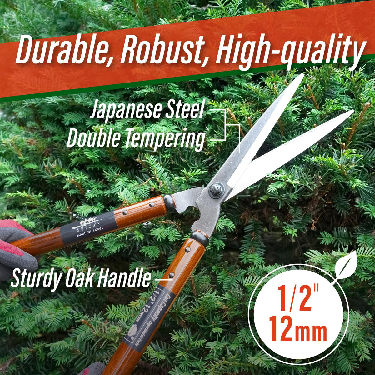 SUIZAN hedge shears 22.6 durable steel blade for long-lasting use.