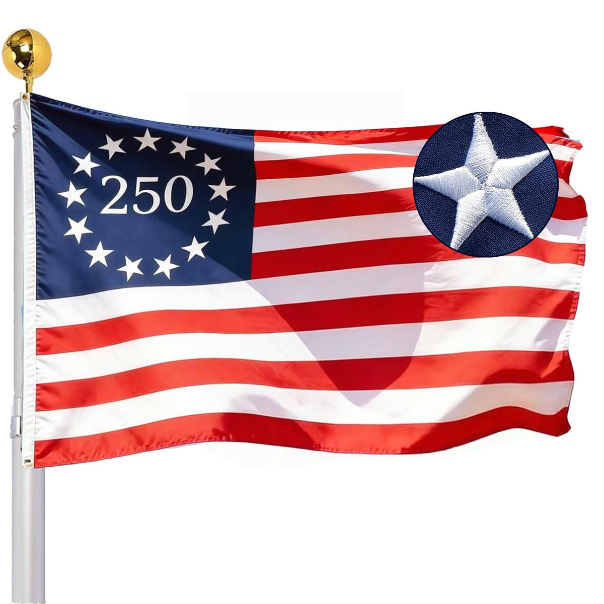 SUJEB Betsy Ross flag embroidery closeup highlights durable stitching for outdoor display.