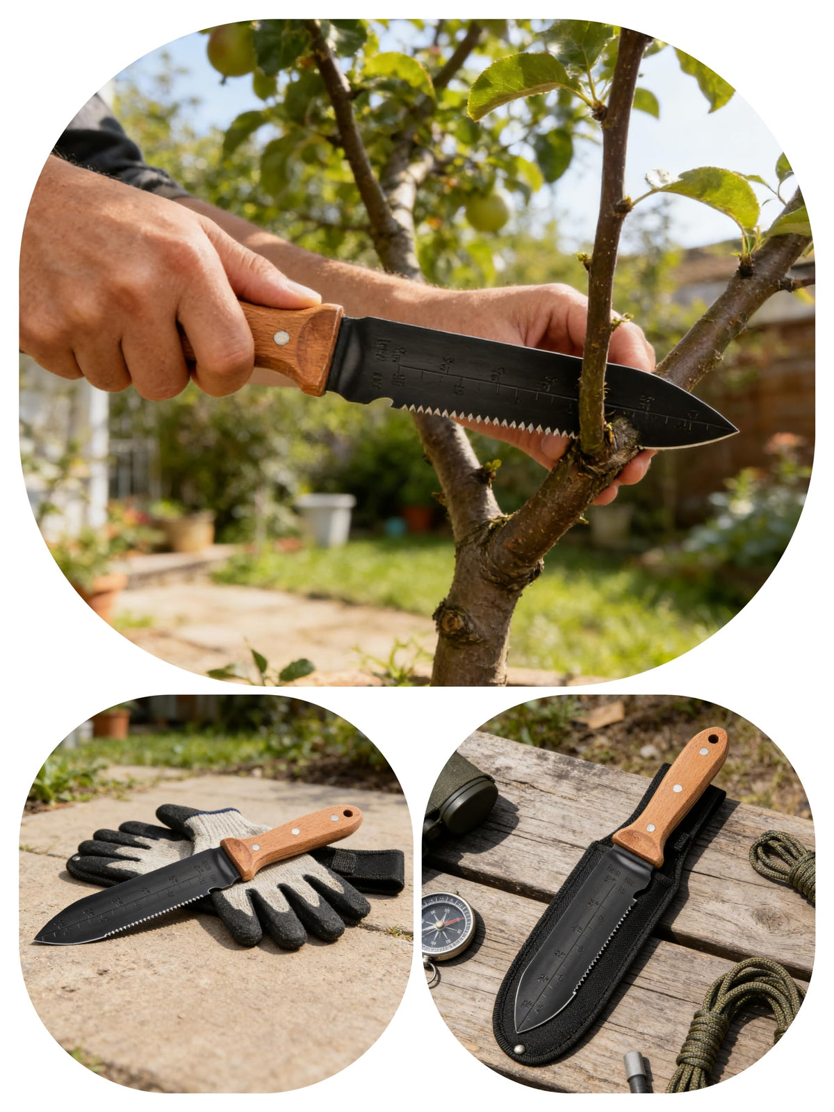 SUJWPBO Hori Hori knife in-use image showcases weed pulling capability