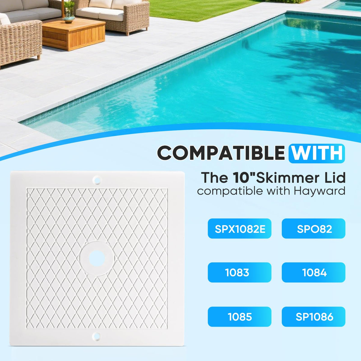 SUKABU white skimmer lid complements most pool decks with a clean look.