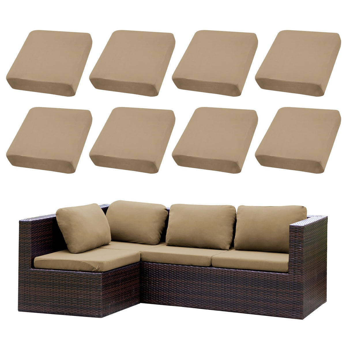 SUKAIKEQA outdoor cushion cover set front view shows secure stretch fit for patio comfort