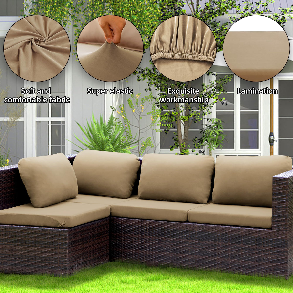 SUKAIKEQA outdoor cushion cover set stretch fabric closeup hugging cushions without zippers