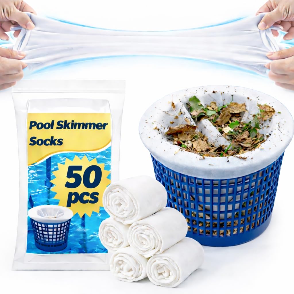 Sukh 50-pack pool skimmer socks on a basket for easy debris capture.