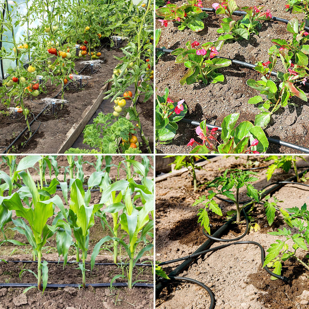 Sulataya tubing in a garden setting for beds, pots, and greenhouses.