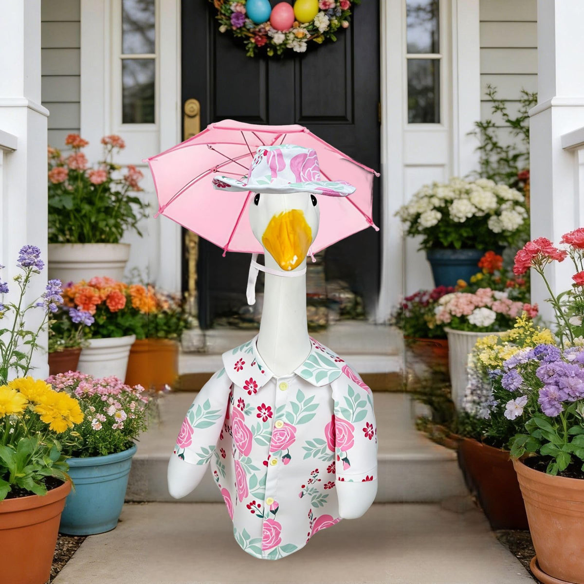 Sumetamii goose rain hat complements the yellow slicker for outdoor display
