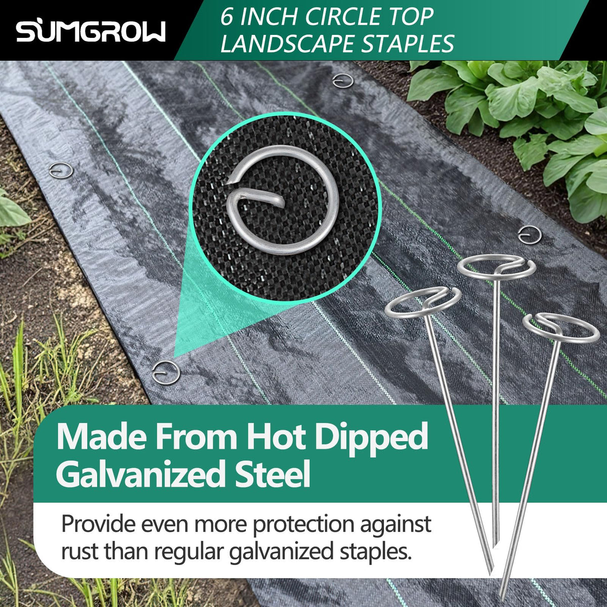 SUMGROW stake tip with angled cut enables easy penetration through weed barrier and soil.