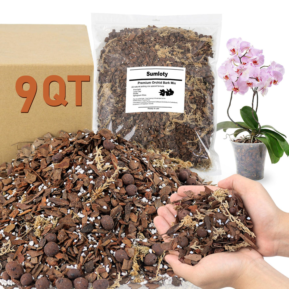 Sumloty Orchid Bark Potting Mix 9QT bag shown for easy repotting and fast drainage