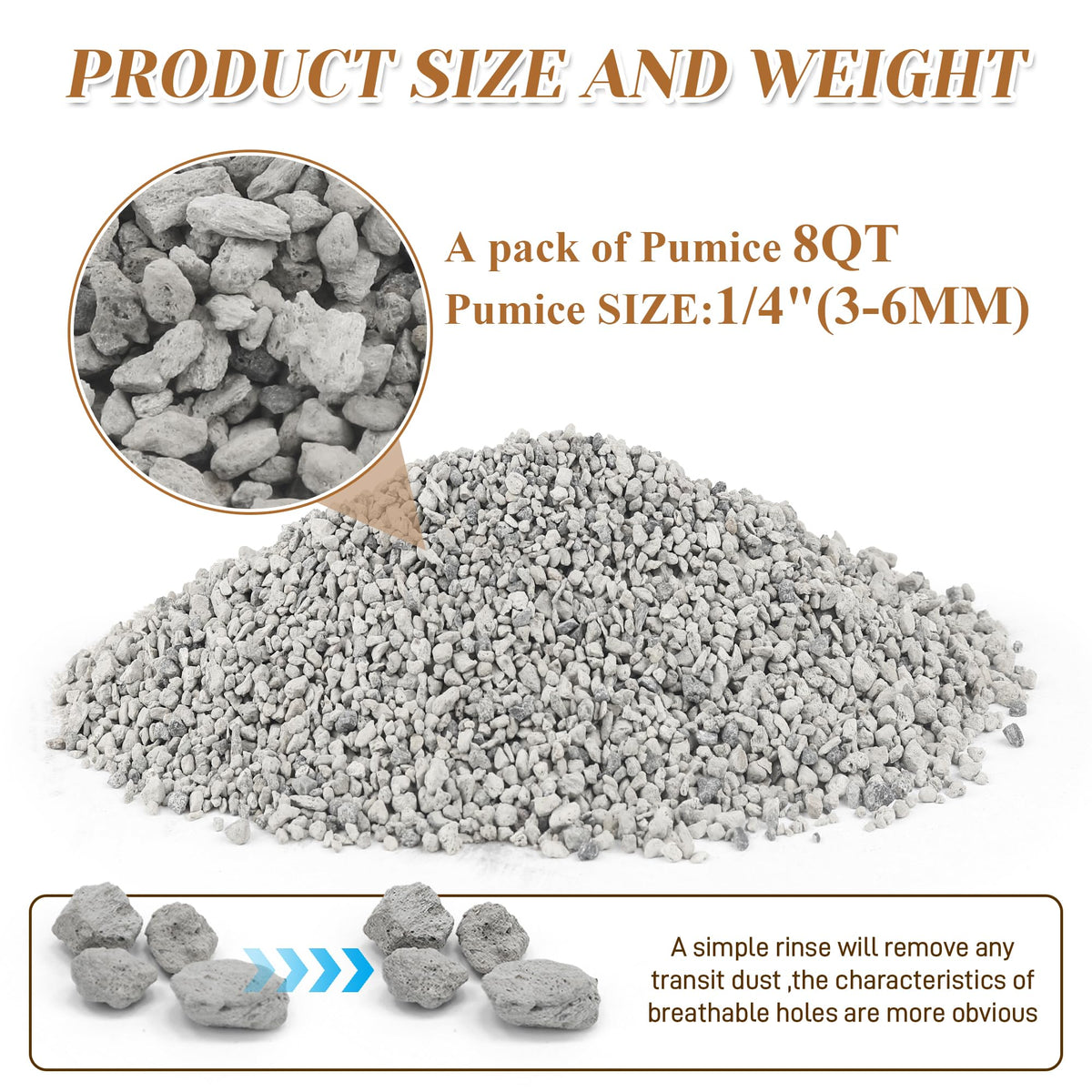 Sumloty pumice quarterinch particle improves potting mix drainage.