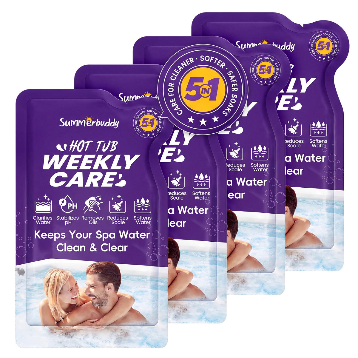 SummerBuddy 5-in-1 weekly cleaner bottle front for easy weekly spa maintenance