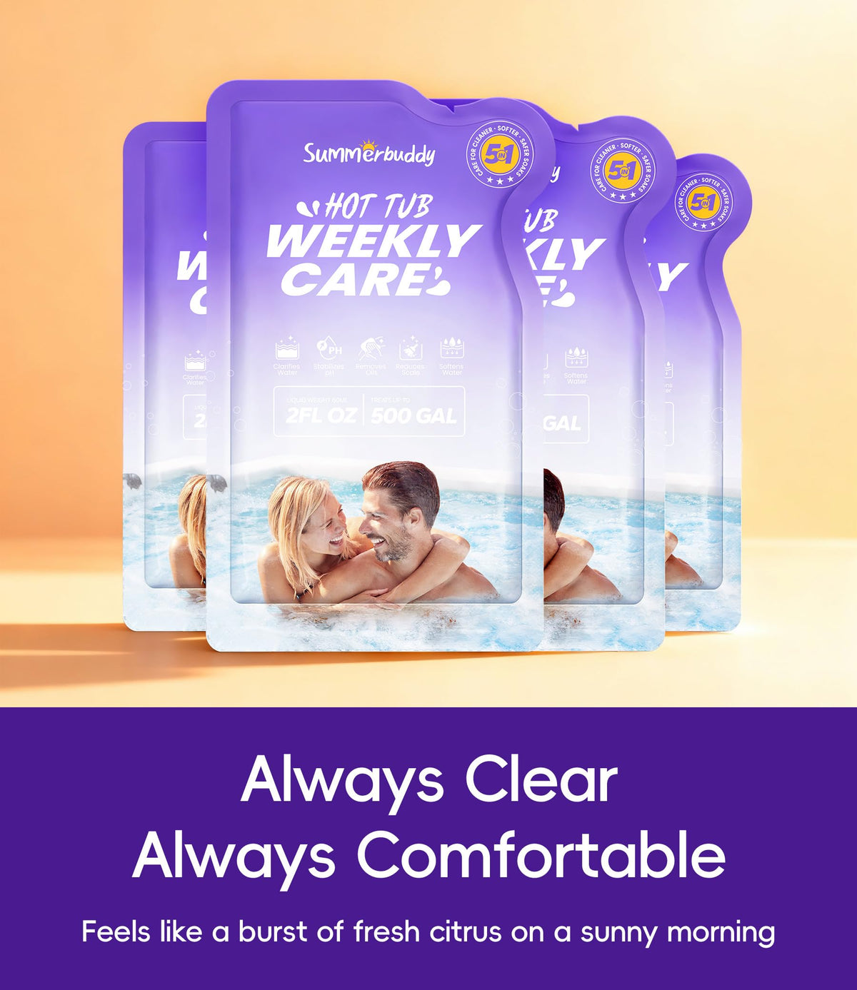 SummerBuddy 5-in-1 weekly cleaner label closeup highlighting all-in-one spa care