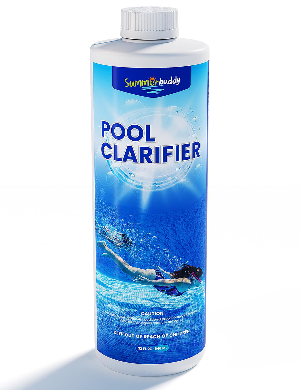 SummerBuddy pool clarifier bottle ready to pour for clearer water.