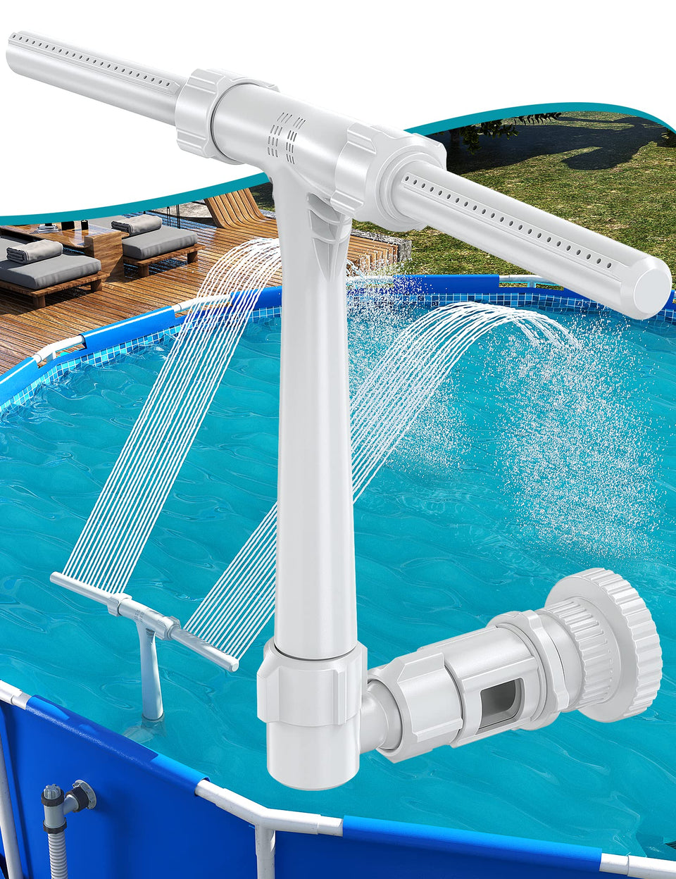 SummerBuddy pool fountain dual spray left view shows two streams with ambient splash