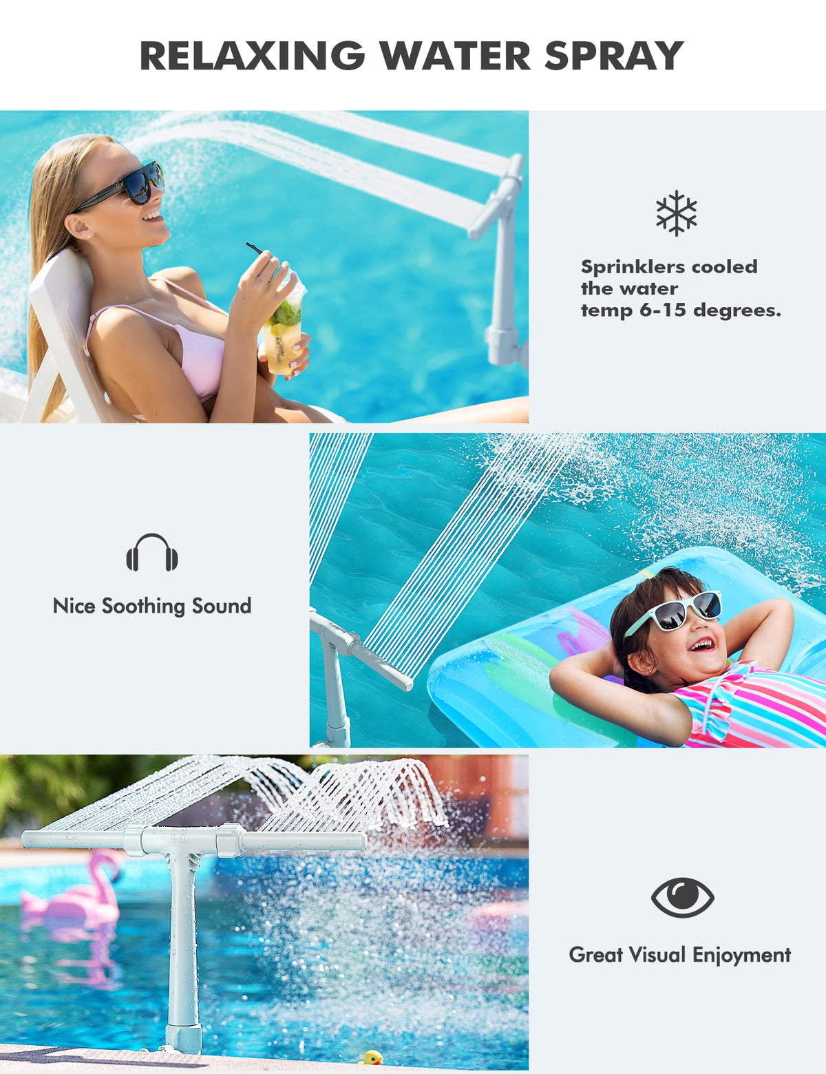 SummerBuddy pool fountain in use, water streams cooling the surface