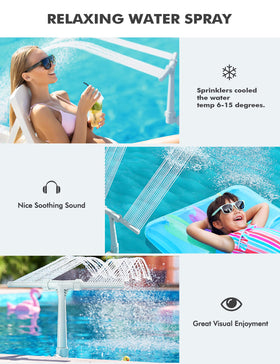 SummerBuddy pool fountain in use, water streams cooling the surface