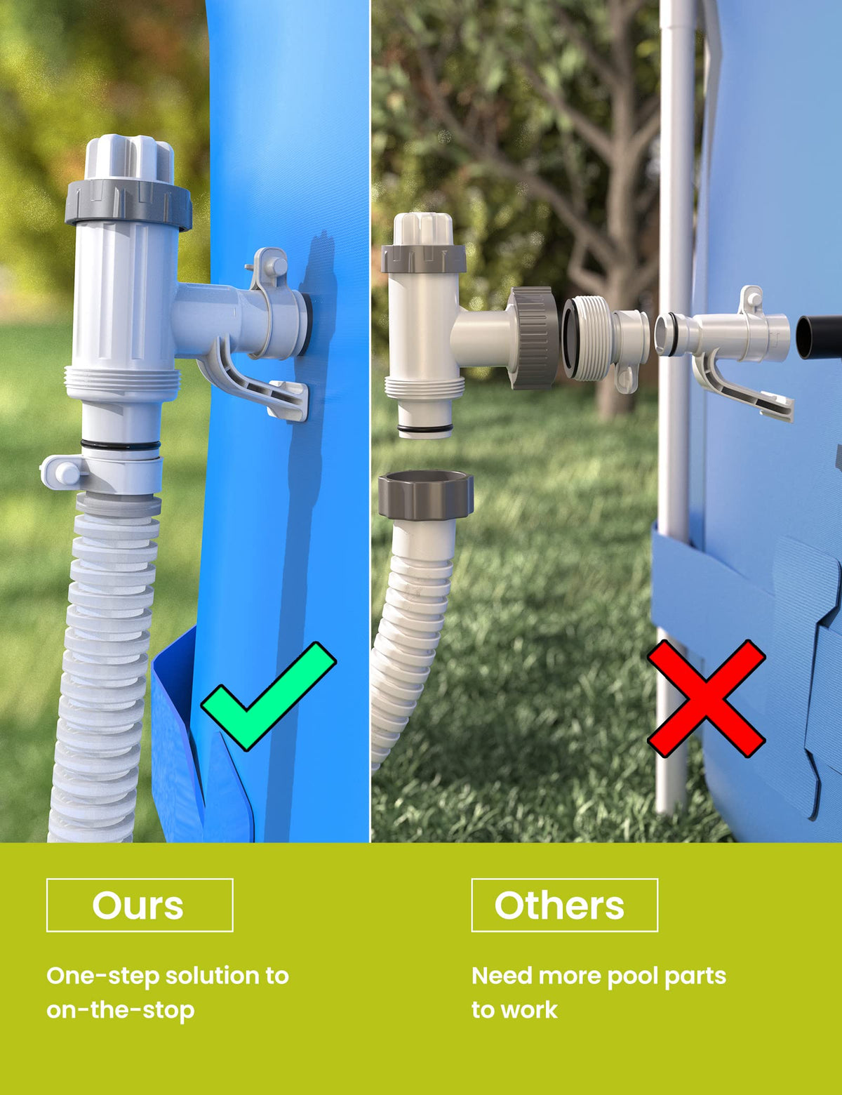 SUMMERBUDDY pool hose adapter material close-up emphasizes durable plastic and reliable seals.