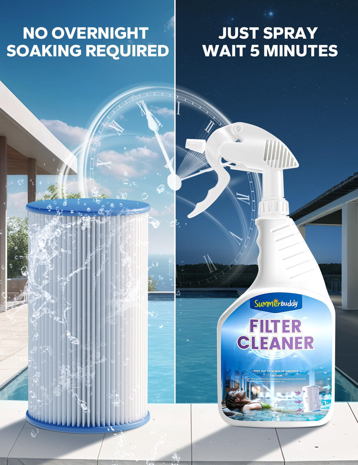 SummerBuddy spa filter cleaner applied on wet filter for quick cleanup