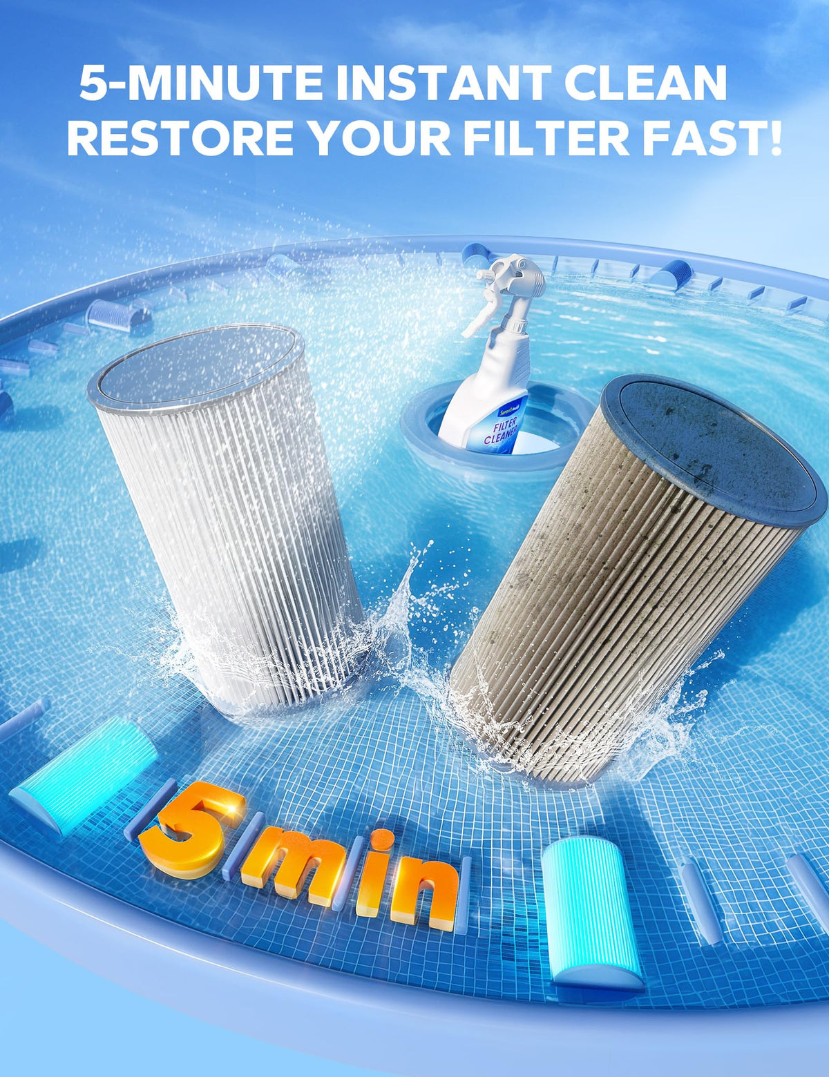 SummerBuddy spa filter cleaner spray nozzle demonstrating even spray