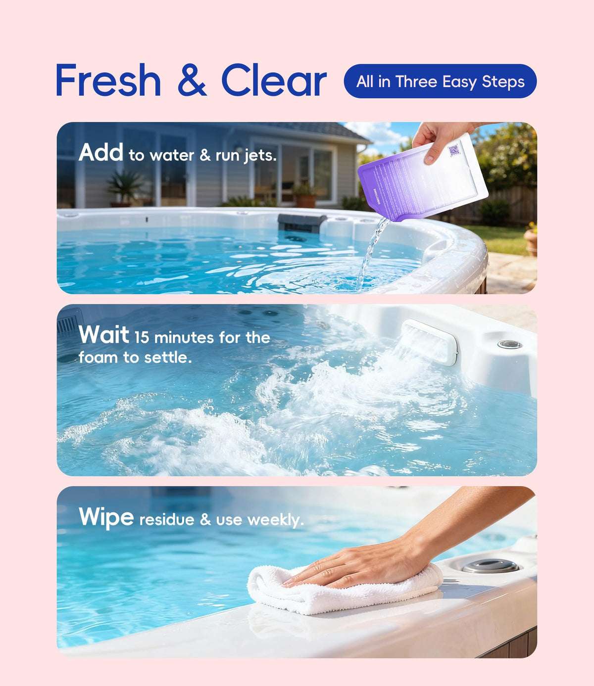 SummerBuddy weekly care routine shot conveys calm, ready-to-soak spa setup