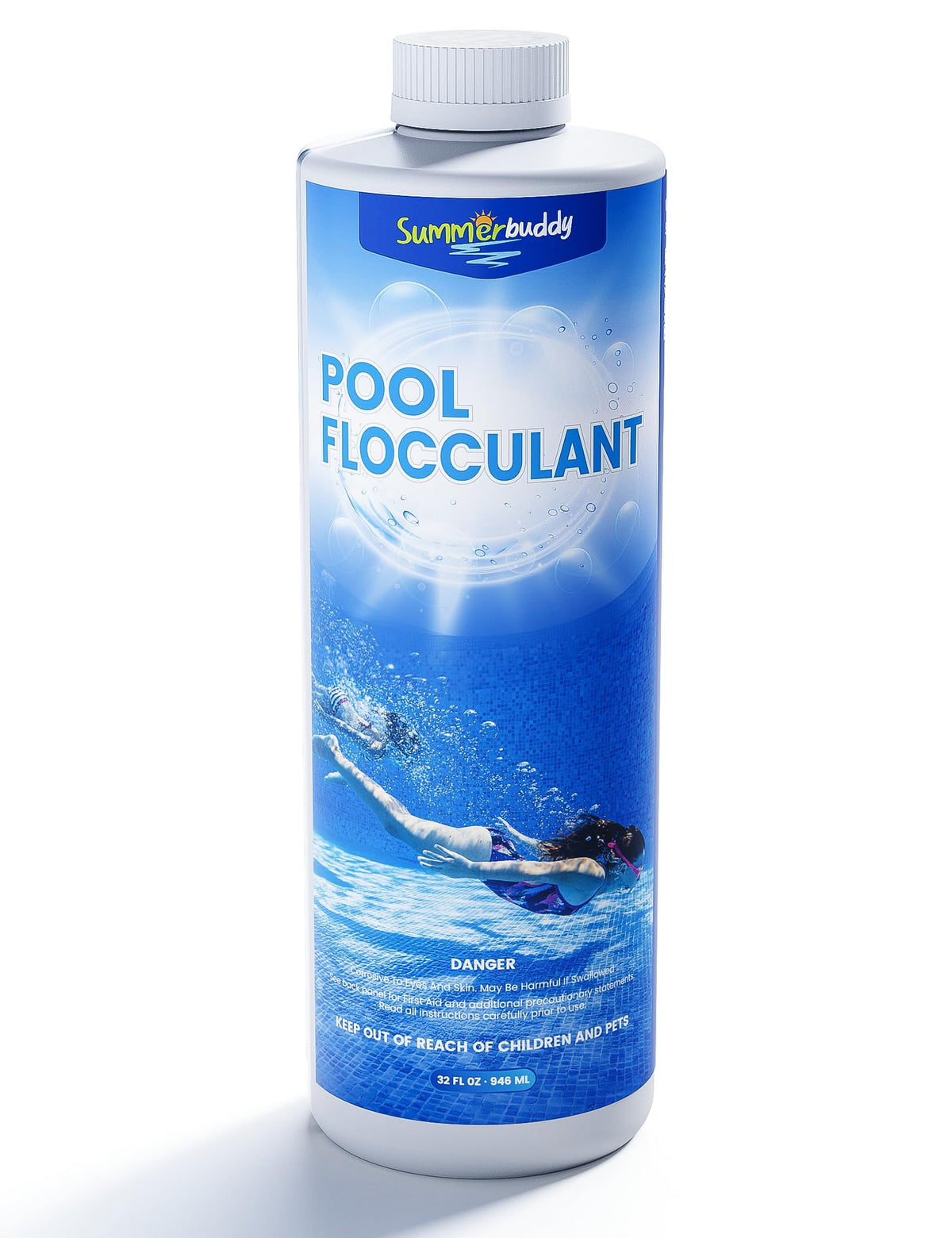 SUMMERBUDDY pool flocculant being poured to begin rapid clarity