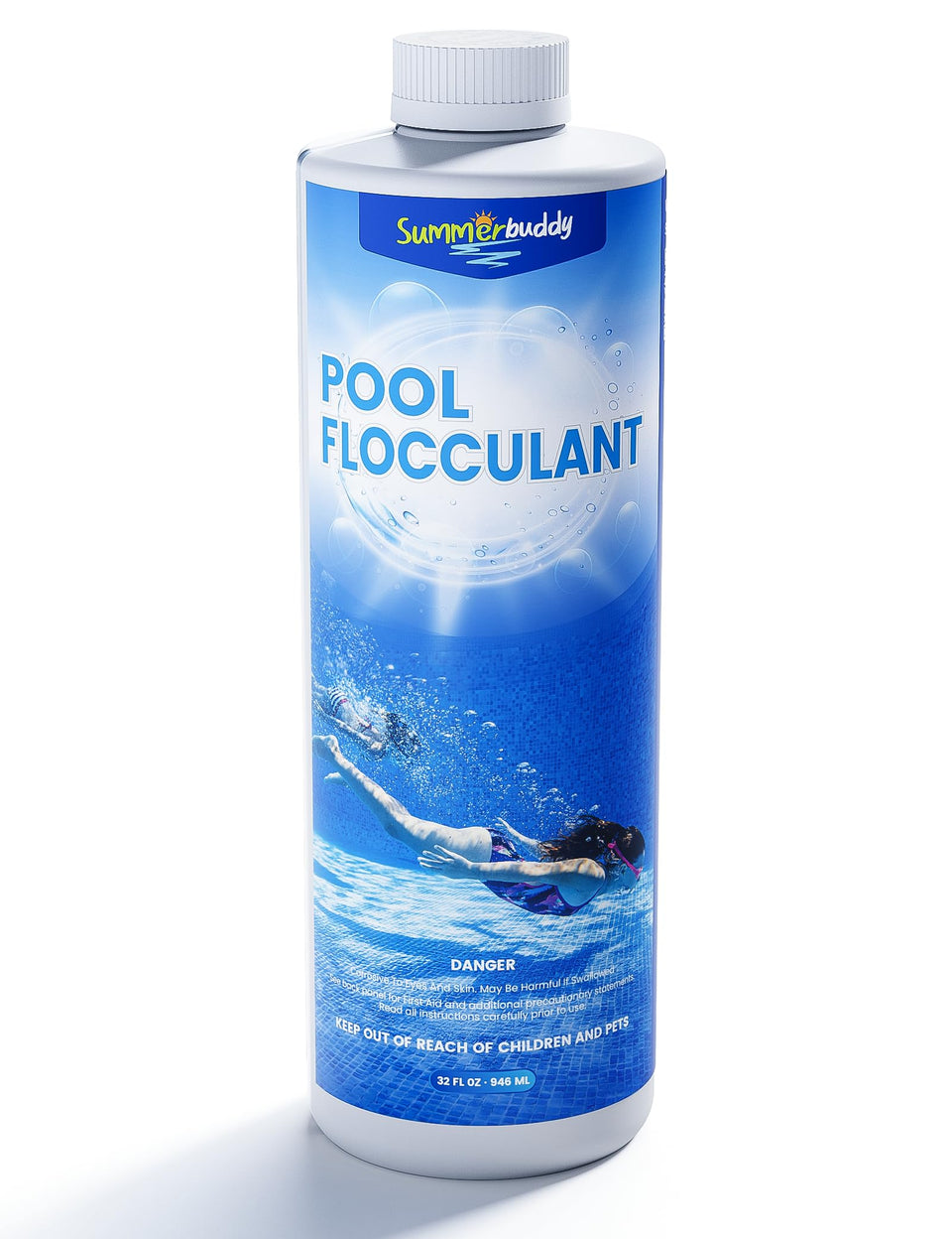 SUMMERBUDDY pool flocculant being poured to begin rapid clarity