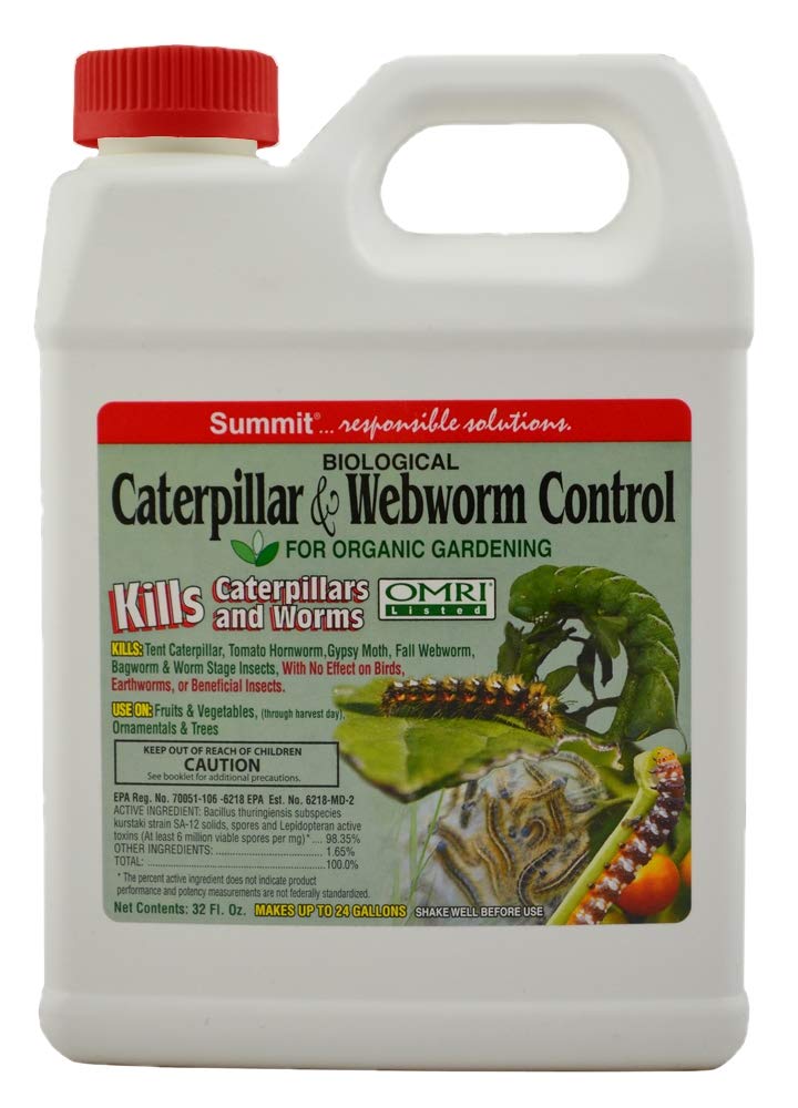 Summit Caterpillar and Webworm Control bottle pour for easy garden application against leaf-eating pests.