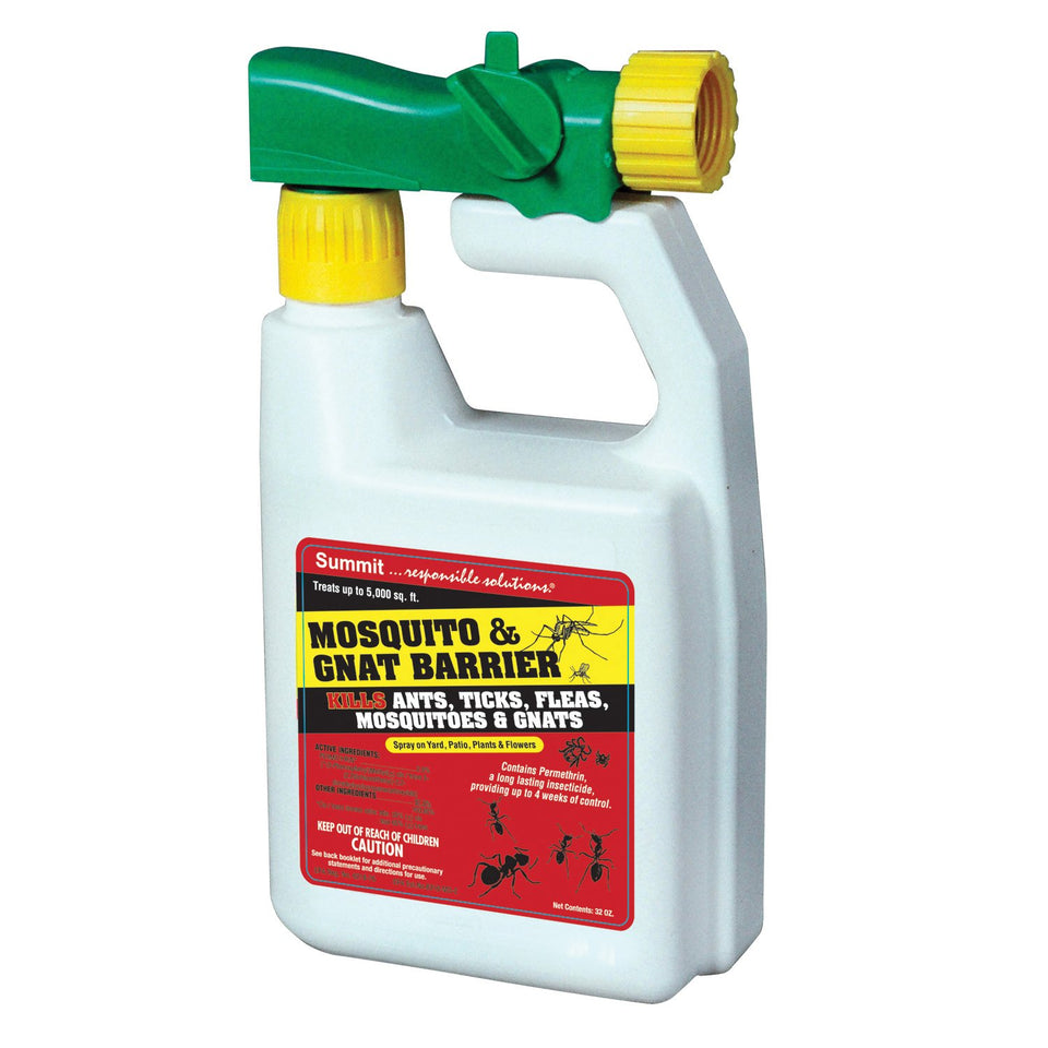 Summit Mosquito Barrier bottle with hose-end sprayer for outdoor pest control up to four weeks.