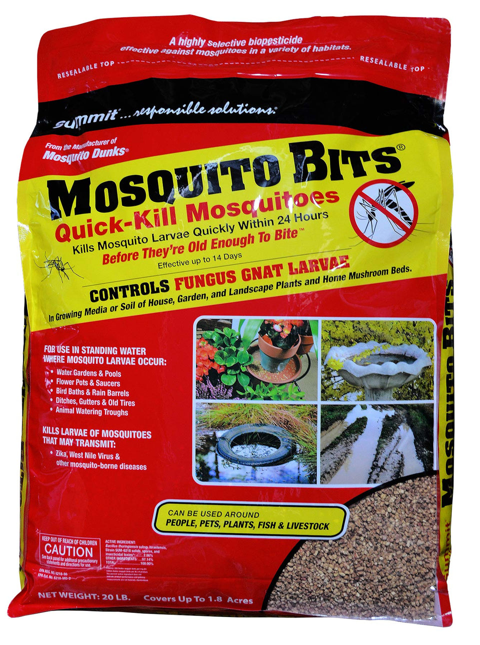 Summit Mosquito Bits 20 lb package for quick larval control in standing water.